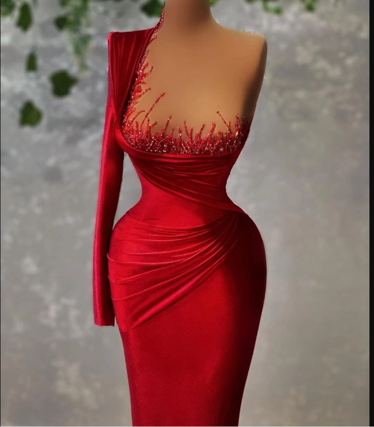 Vestido de noche moderno de terciopelo con un solo hombro y cuentas, estilo sirena, ideal para alfombra roja (modelo Y1907).