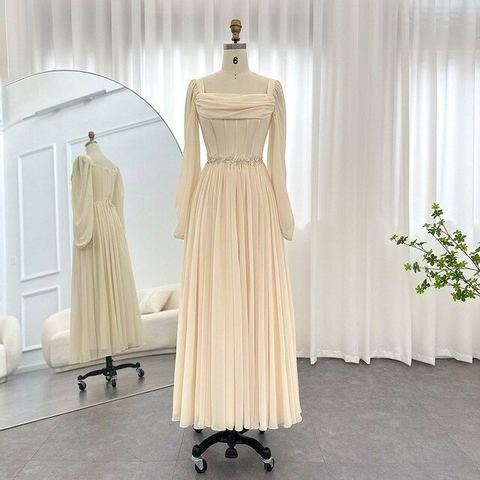 Beige Short Midi Arabic Evening Dress with Belt Long Sleeve Tea Length Women Formal Wedding Party Gowns Y4847