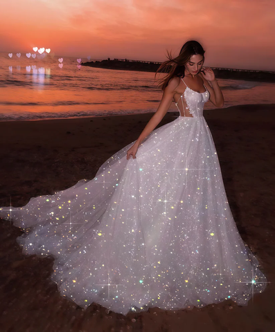 Vestido de noche de fiesta de tul con lentejuelas blancas brillantes, vestido largo de novia de playa sin mangas de corte A Y8011