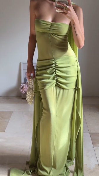 Vestido de fiesta largo verde único, sin tirantes y fruncido, vestido de noche formal Y8505