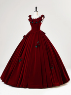 Precioso vestido de quinceañera de terciopelo burdeos, vestido de baile de cumpleaños con flores de rosas Y7750