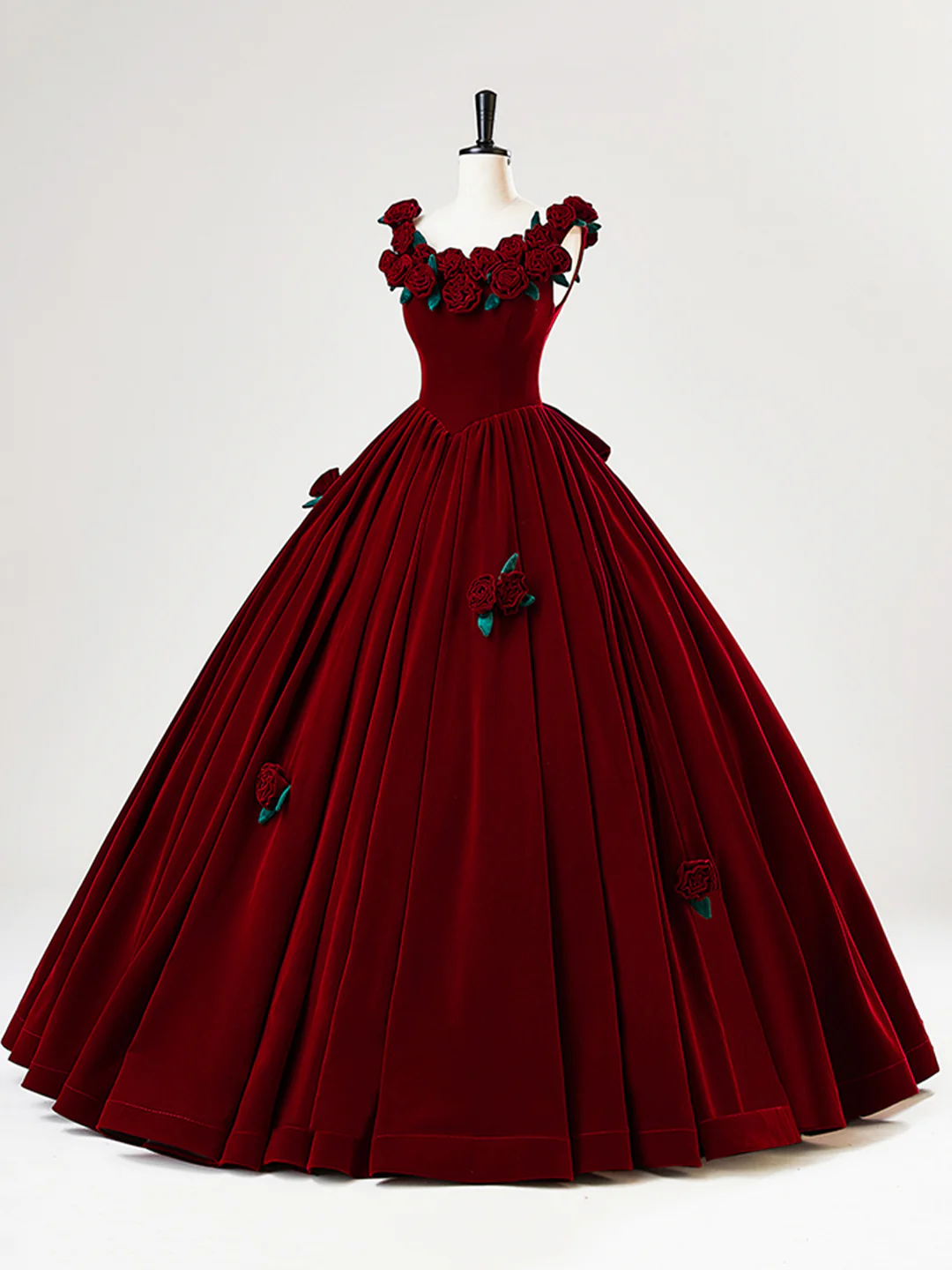 Precioso vestido de quinceañera de terciopelo burdeos, vestido de baile de cumpleaños con flores de rosas Y7750