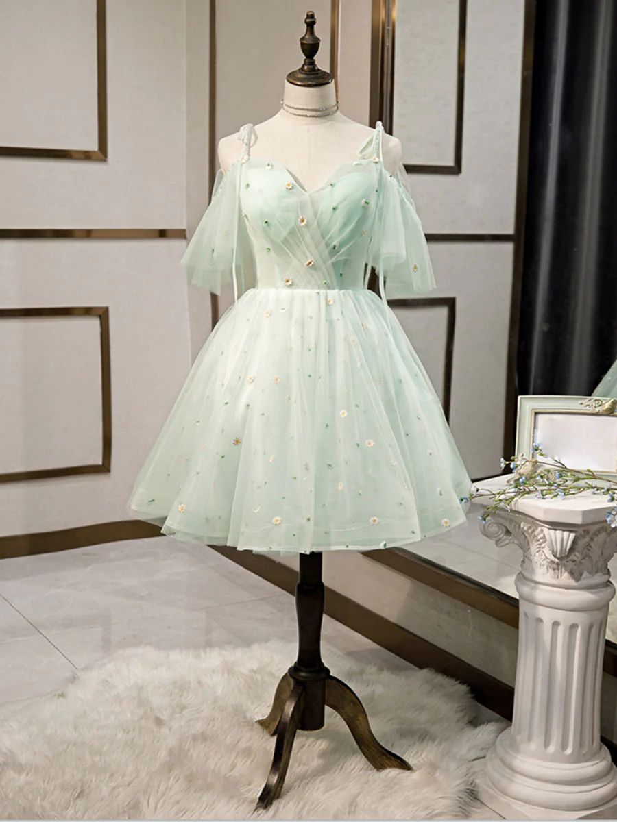 Vestidos cortos de tul con escote corazón sencillo, vestidos verdes abullonados para fiestas de bienvenida Y2409