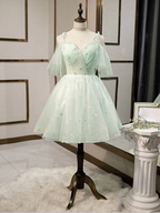 Vestidos cortos de tul con escote corazón sencillo, vestidos verdes abullonados para fiestas de bienvenida Y2409