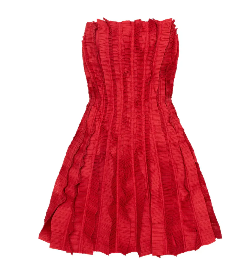 Vestido corto de fiesta de bienvenida, corte en A, rojo, sin tirantes y con volantes, modelo Y8004