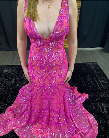 Vestido de noche de sirena rosa de lujo con escote en V profundo, ideal para eventos formales y graduaciones (Y7819)