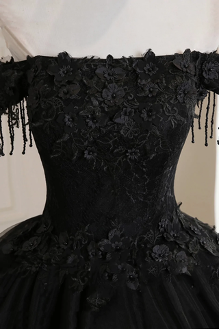Vestido de baile de tul negro con hombros descubiertos y encaje para quinceañera, vestido largo de noche negro Y1143