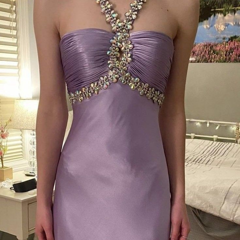 Vestidos largos de noche de fiesta con cuentas y satén morado glamuroso Y5084