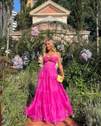 Robe de soirée rose fuchsia pour cérémonie, robe longue décolletée cœur à volants sans manches, robe sexy Y6183