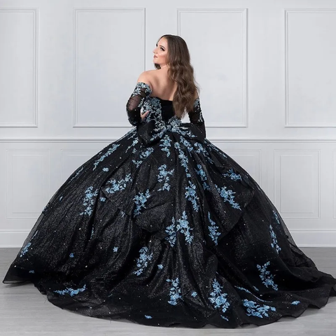 Robe de princesse unique noire et bleu clair pour Quinceañera, Sweet 16, robe de bal Y4319