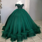 Vestido de gala verde con hombros descubiertos, vestido verde para quinceañera Y7145