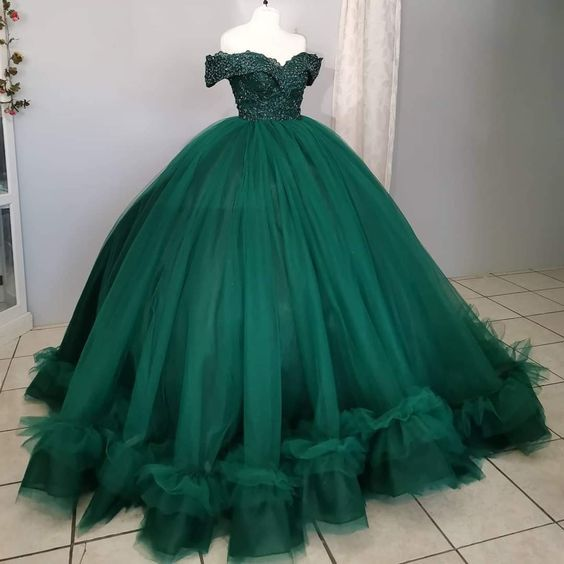 Vestido de gala verde con hombros descubiertos, vestido verde para quinceañera Y7145