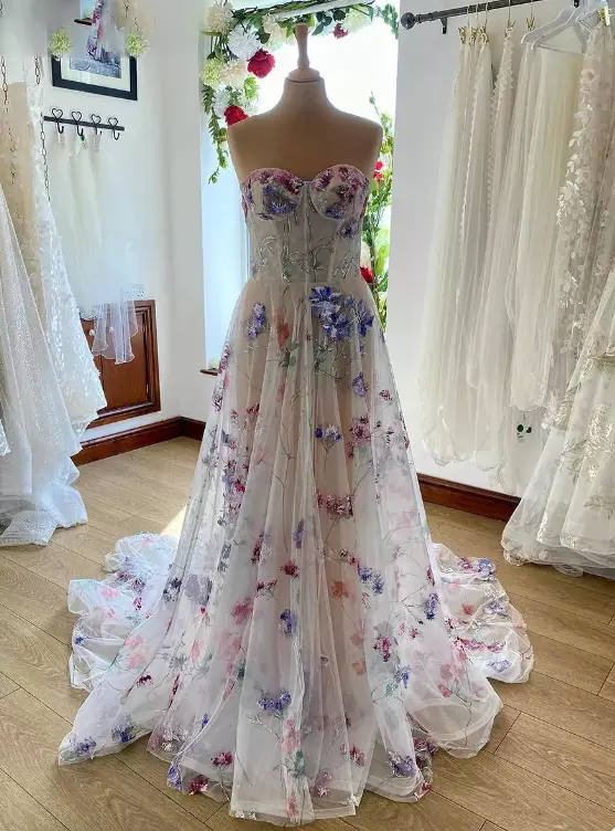 Robe de mariée bustier trapèze à imprimé floral Y6970