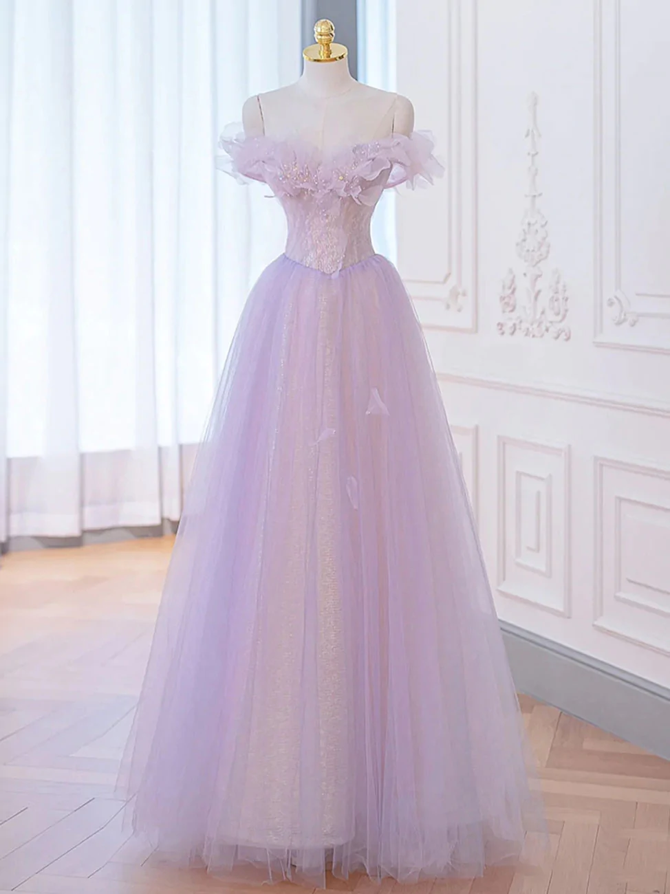 Vestido largo de fiesta morado corte A con hombros descubiertos, vestidos de noche formales morados Y1783
