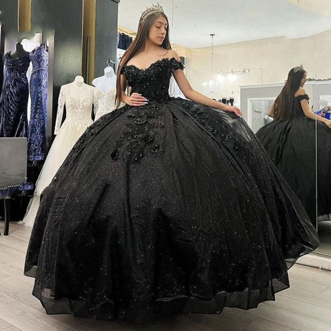 Vestidos de quinceañera con lentejuelas negras estilo princesa, ideales para fiestas de 15 y 16 años (modelo Y5745).