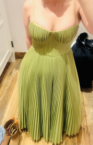 Classy Spaghetti Straps Pleated Tulle Green Midi Prom Dress A Line  Evening Dress Y8452