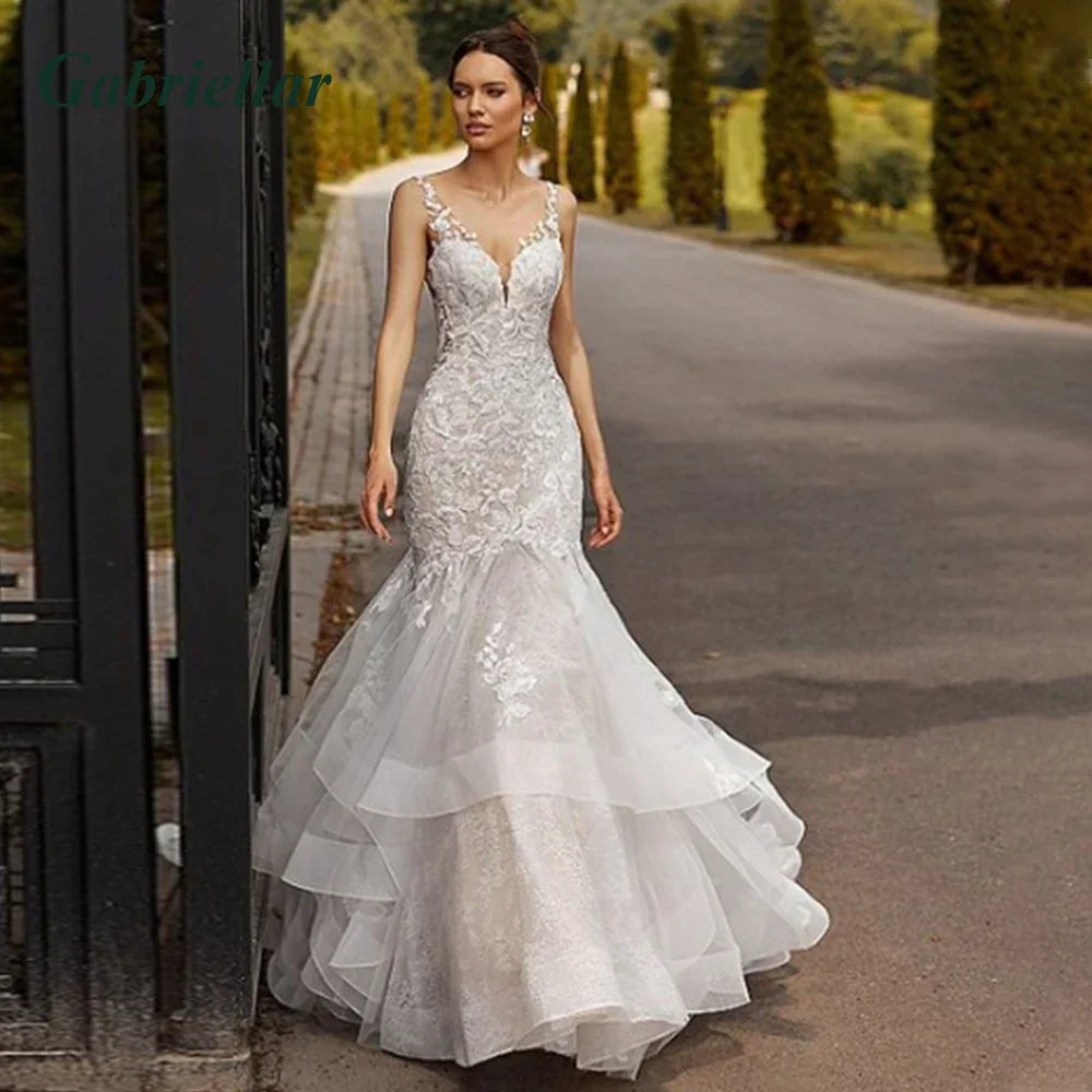 Robe de mariée sirène de luxe à volants, dos nu, col en V, applications de dentelle, sans manches, traîne balayée, Vestido De Novia 2024 