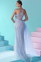 Robe de bal sirène bleue glamour, longue, sans manches, en tulle et perles, avec fente