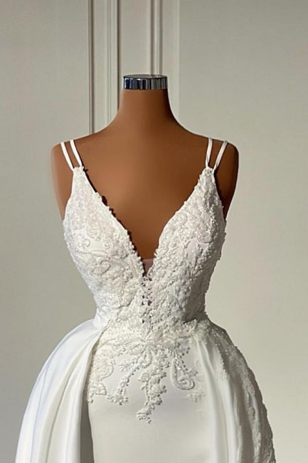 Glamuroso vestido de novia largo color marfil, corte en A, escote en V, sin mangas, de encaje