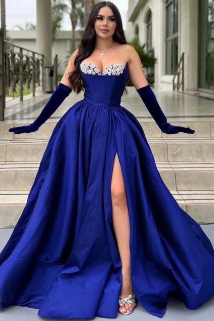 Robe de bal longue bleu roi glamour en satin pailleté avec fente