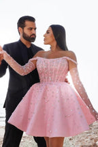 Robe de cocktail courte rose glamour, robe de bal pailletée à épaules dénudées avec dentelle