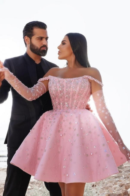 Robe de cocktail courte rose glamour, robe de bal pailletée à épaules dénudées avec dentelle