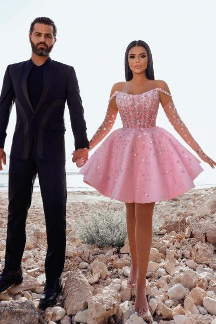 Robe de cocktail courte rose glamour, robe de bal pailletée à épaules dénudées avec dentelle