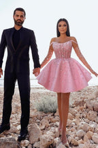 Robe de cocktail courte rose glamour, robe de bal pailletée à épaules dénudées avec dentelle