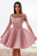 Robe de cocktail courte rose glamour, robe de bal pailletée à épaules dénudées avec dentelle