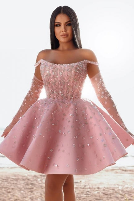 Robe de cocktail courte rose glamour, robe de bal pailletée à épaules dénudées avec dentelle