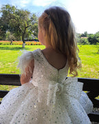 Vestido corto de gala brillante con lentejuelas, plumas y lazo para niña de las flores