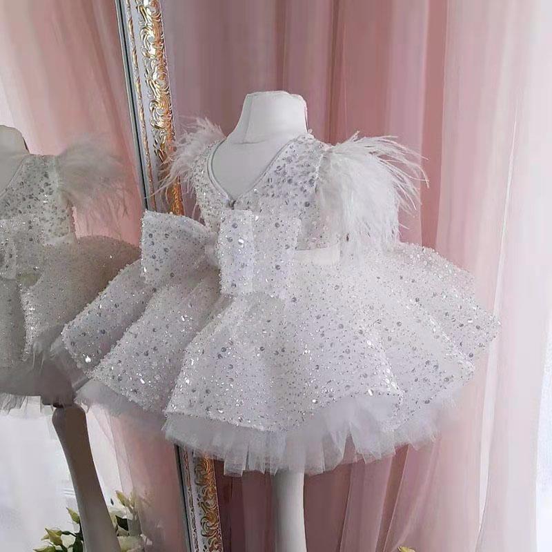 Vestido corto de gala brillante con lentejuelas, plumas y lazo para niña de las flores