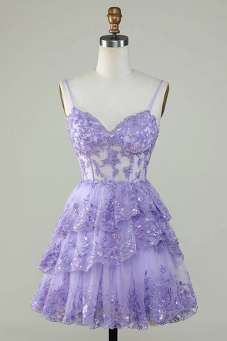 Robe de bal lavande à volants et corset en dentelle pailletée PD503