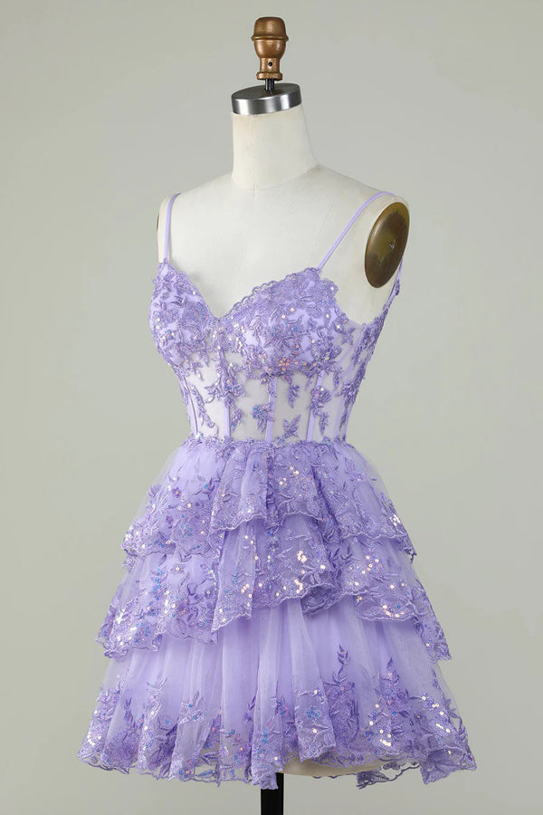 Vestido de fiesta lavanda con corsé de encaje brillante y volantes escalonados PD503