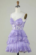 Vestido de fiesta lavanda con corsé de encaje brillante y volantes escalonados PD503