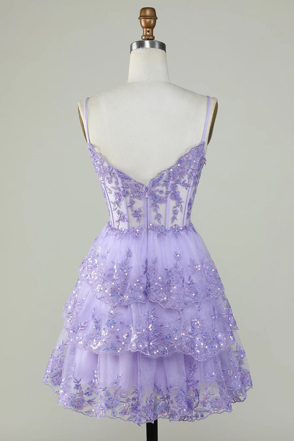 Vestido de fiesta lavanda con corsé de encaje brillante y volantes escalonados PD503