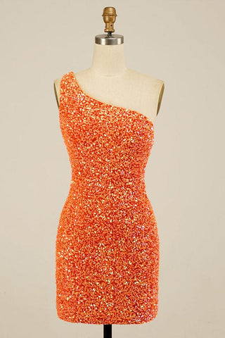 Vestido rosa fucsia brillante de un solo hombro para baile de bienvenida con lentejuelas PD462