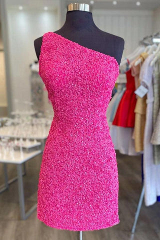 Vestido rosa fucsia brillante de un solo hombro para baile de bienvenida con lentejuelas PD462