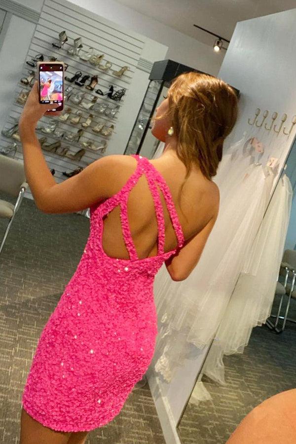 Robe de bal rose fuchsia à paillettes asymétriques avec sequins PD462