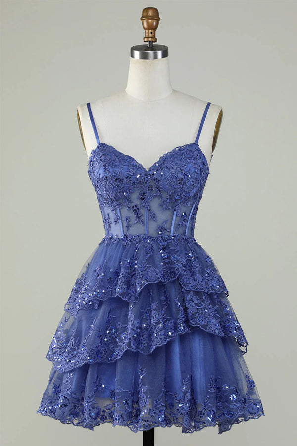 Vestido de fiesta lavanda con corsé de encaje brillante y volantes escalonados PD503