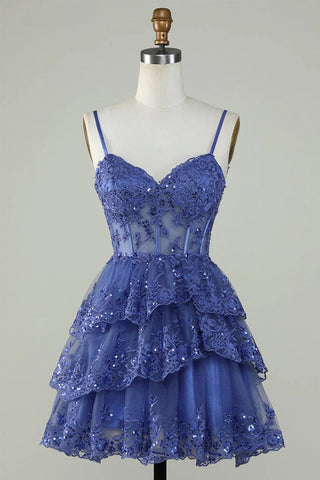 Robe de bal lavande à volants et corset en dentelle pailletée PD503