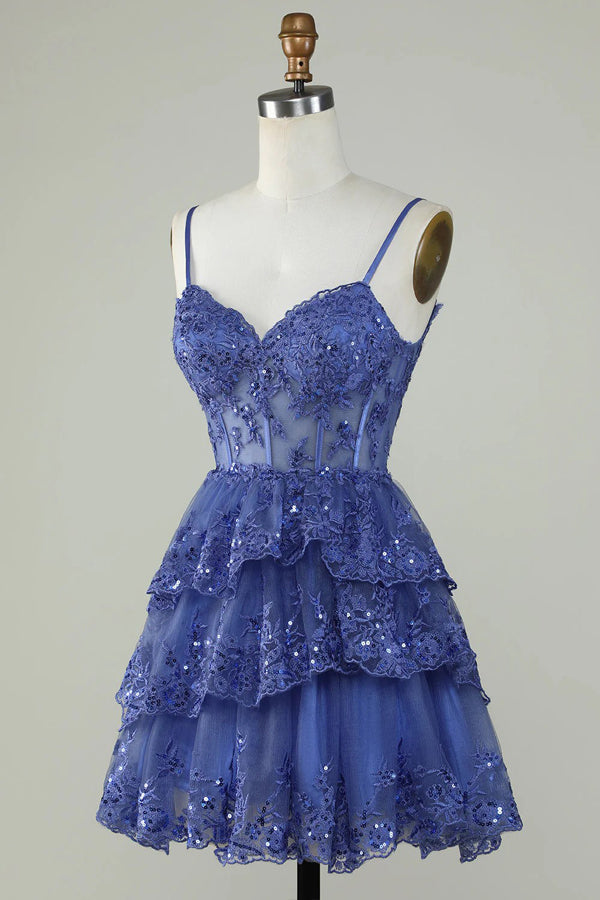 Vestido de fiesta lavanda con corsé de encaje brillante y volantes escalonados PD503