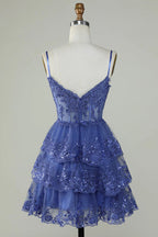 Vestido de fiesta lavanda con corsé de encaje brillante y volantes escalonados PD503