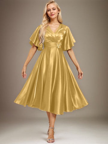 A-line V-Neck Tea-Length Stretch Satin Mother of the Bride Dress With Beading Pleated