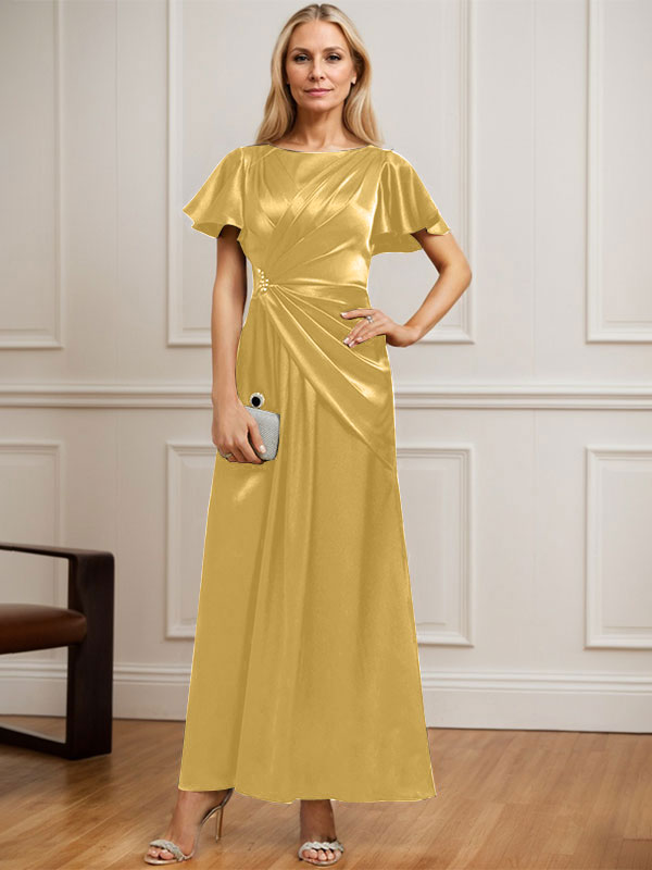 Vestido de novia corte A, escote redondo, largo hasta el tobillo, de satén elástico con plisados ​​y cuentas. 