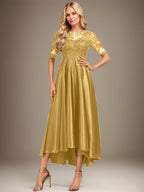 Robe de mère de la mariée asymétrique en satin stretch dentelle et dentelle, coupe trapèze, effet illusion, ornée de sequins 
