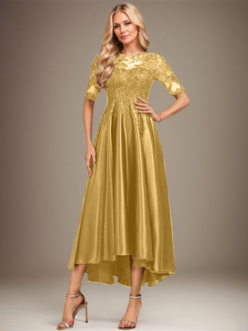 A-line Scoop Illusion Asymmetrical Stretch Satin Lace Mother of the Bride Dress With Sequins