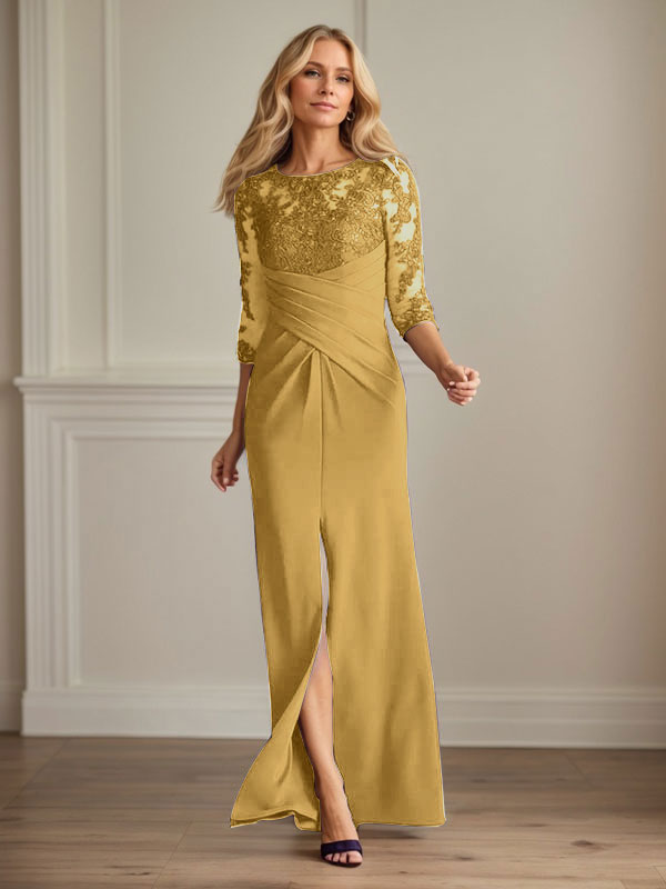 Vestido de madrina de la novia color ciruela, de encaje elástico y corte sirena. 