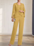 Combinaison/Tailleur-pantalon deux pièces, robe longue en mousseline à col V pour la mère de la mariée