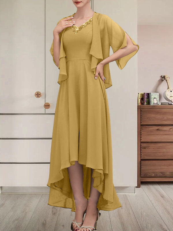 Vestido de corte A, escote en V, asimétrico, de gasa, para la madre de la novia, con lentejuelas y pedrería.
